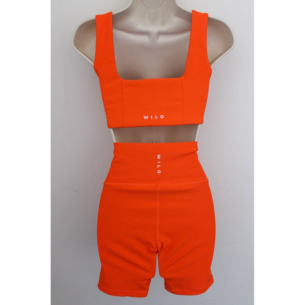 Wilo The Label Activewear Set Small Orange Ribbed Crop Top Biker Shorts 2-Piece - Picture 4 of 5